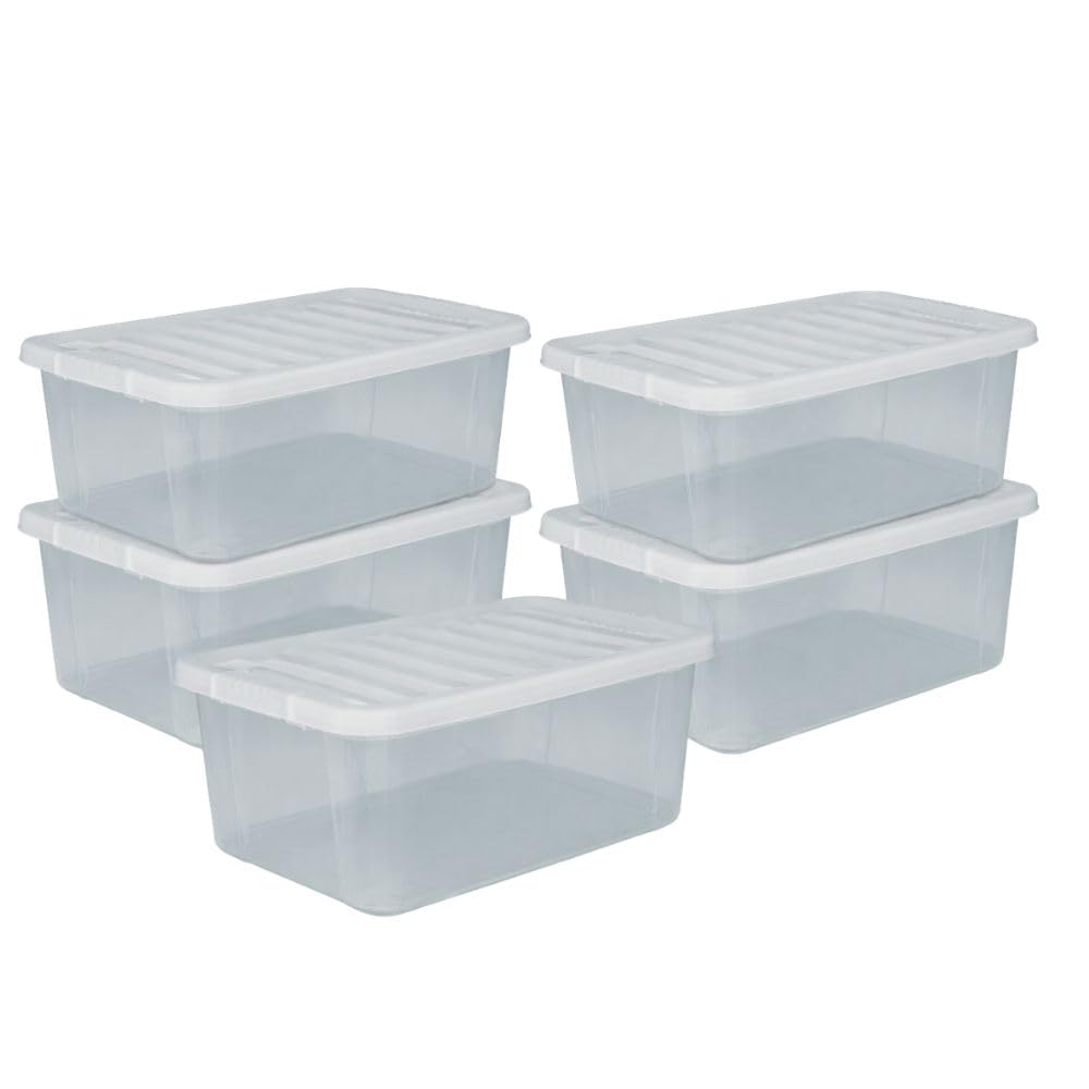 Marco Paul Interiors Marco Paul 5 Pack 14L Storage Boxes With Lids Clear Plastic Boxes With Lids Stackable Storage Bins Space Saving Home Storage Organiser Boxes For Clothes Toys Kitchen Cupboard Garage