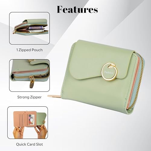 PRANIJ Small Leather Bifold Wallet for Women Fashion Compact Slim Credit Card Holder with Zipper Coin Pocket, Mini Clutch Purse for Girls (Pale Green) 3 41pN9JGmDwL