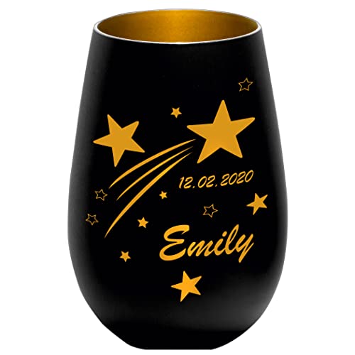 Sternenkind Trauerlicht Sternschnuppe - schwarz/Gold - Gedenklicht Teelichtglas personalisierbar Erinnerung Trauergeschenk mit Name und Datum