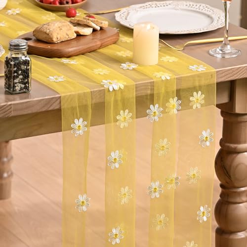 Artoid Mode Gelb Tüll mit Stickerei Gänseblümchen Frühling Tischläufer 70x300 cm, Sommer Küche...