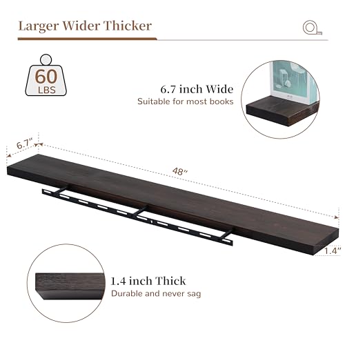 Image of Marsmiles Wood Floating Shelves | 48 Inch Dark Wood Wall Shelves Set of 1 | 48 inch W x 6.7 inch D Rustic Wooden Shelves for Bathroom Kitchen Living Room Bedroom