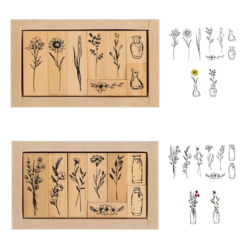 16 Piezas Juego de Sellos de Impresión de Madera Sellos Scrapbooking Madera con Patrones de Plantas Naturales para Álbumes de Recortes, Diarios, Manualidades, Tarjetas de Bricolaje