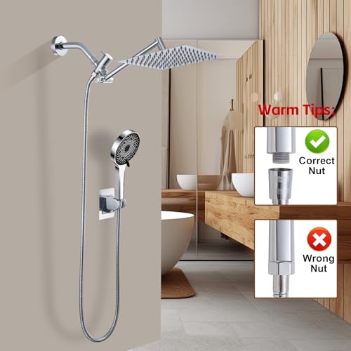 Image of Shower Head,10 inchRain Shower Head with Handheld Spray Combo and Adjustable Extension Arm /3-Way Flow Regulator /Shower System,High Pressure Rain Fall Hose,Chrome