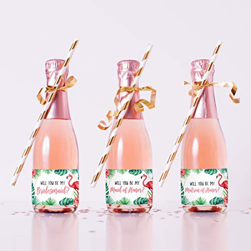Andaz Press Mini Champagne Wine Bottle Proposal Labels, Will You Be My Bridesmaid? Matron Maid of Honor?, Tropical Leaves Pink Flamingo, 20-Pack, Favor Gift Labels Bride Asking Friends to Plan Wedding