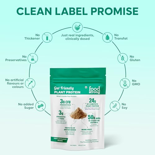 Image of Foodstrong Gut Friendly Plant Protein - Raw (Unflavoured) | 24g Complete Plant Protein with Probiotics, Digestive Enzymes, Prebiotics & Indian Herbs | Vegan | No Sugar | 500g