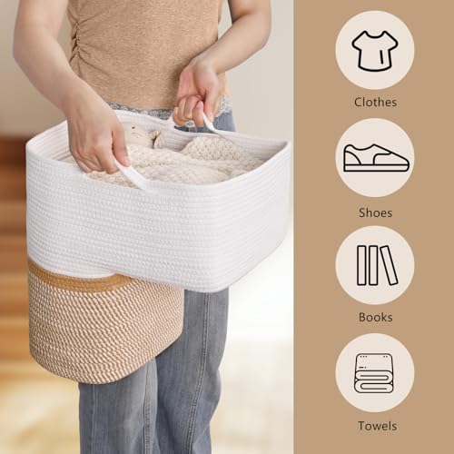 Image of Woven Stair Basket, Stair Baskets for Wooden Stairs, Carpeted Stairs Storage Basket with Handles, Staircase Baskets for Toys, Books, Yellow, 15 inch L x 10 inch W x 15 inch H