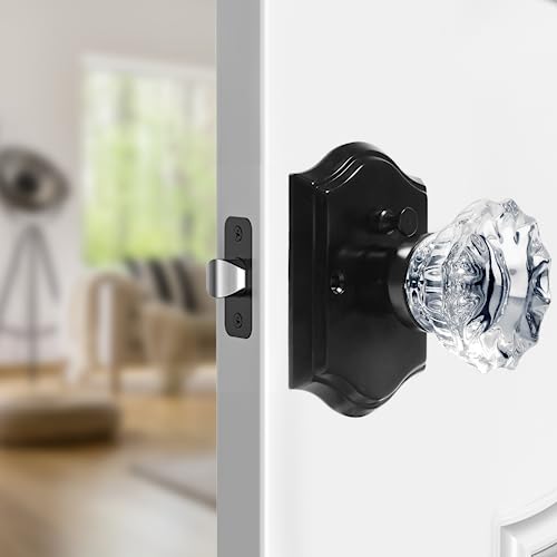 Crystal Door Knobs, Black Glass Door Knobs Interior Rose Shape with Lock Privacy Function, Vintage Antique for Bedroom Bathroom