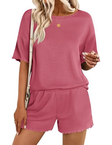 Image of Ekouaer Lounge Sets for Women Waffle Knit Pajama Set Shorts 2 Piece Matching Loungewear Summer Outfits with Pockets