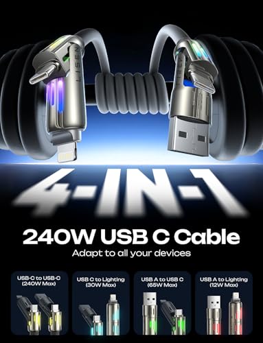 Image of LISEN Car Carplay Cable for iPhone 17 /16 /15 Pro Max /Plus(3.3FT), 4 in 1 Chubby USB C with Light, USB A /C to C /L Multi Charging Cable for iPhone14 13 12 /MacBook Pro /Air /iPad Pro /SamSungS25,Grey