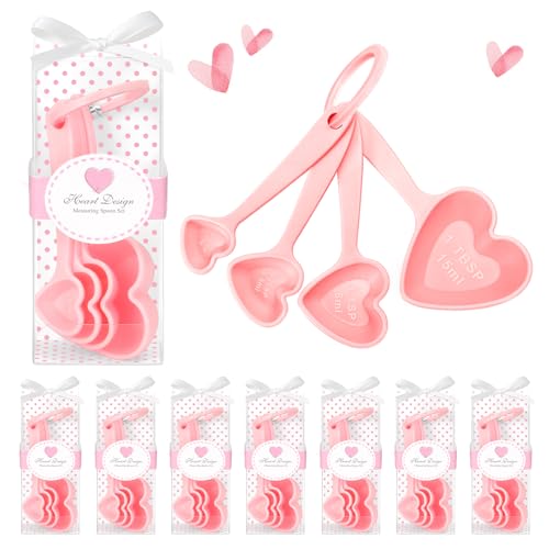 50PCS Heart Shaped Measuring Spoons Plastic Measuring Spoons Party Favors for Guests Bridal Shower Party Decorations Souvenirs Gifts Individual Packaging Box(Pink)