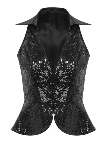 renvena Womens Sequin Suit Vest Lapel V Neck Sleeveless Sparkly Dressy Waistcoat Bling Party Jacket Top