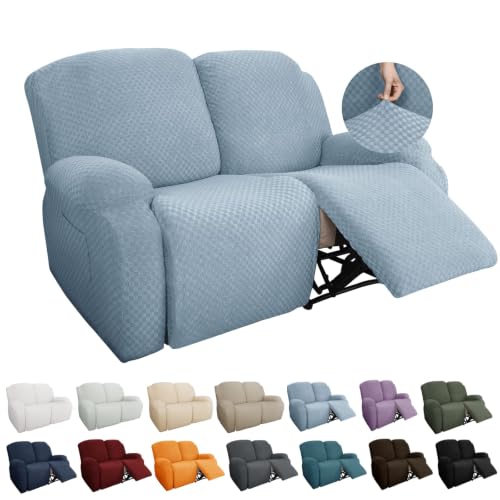 Image of YEMYHOM 6 Pieces Stretch Loveseat Recliner Slipcover Jacquard Recliner Sofa Cover with Side Pocket Fitted Recliner Cover Couch Furniture Protector with Elastic Bottom (Loveseat Recliner, Light Blue)