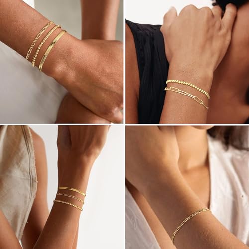 Luxval Gold Bracelets for Women 18K Gold Plated Stack Bracelet Jewelry Beaded/Paperclip/Satellite/Figaro/Snake/Cuban Link chain Bracelets Fashion Jewelry Accessories Gifts for Women Girls4