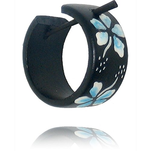 Chic-Net Joyería de madera Aros Pin-Pin pendientes de los aros de colofonia de madera de coco de Mujeres Flor Hawaii Azul