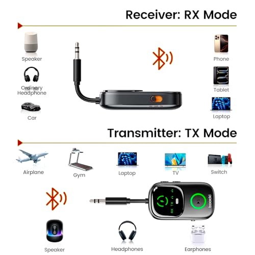 Image of Toocki Bluetooth 5.4 Adapter with LCD Display | 2-in-1 Wireless Transmitter & Receiver for TV, PC, Car Stereo, Home Audio | Supports Dual Headphones & Hands-Free Calls 3.5mm aux