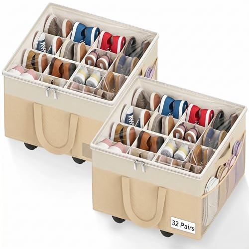 2-Pack-Large-Shoe-Organizer-for-Closet-32-Pairs-Shoe-Storage-Box-Beige 2 Pack Large Shoe Organizer for Closet, 32 Pairs Shoe Storage Box Beige - Image 1