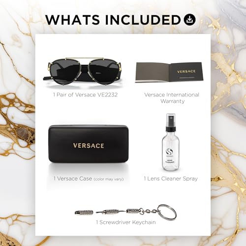 Versace VE2232 61mm Non-Polarized Aviator Sunglasses for Women – Black Metal Frame with Gold Temples, 100% UV Protection, Lightweight & Comfortable Sunglasses, eShades Eyewear Kit Included3