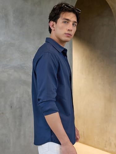 Image of Bewakoof Mens Solid Regular Fit Full Sleeve Collar Cotton Linen Blend Shirt