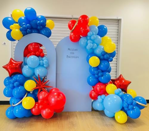 Image of Cartoon Balloon Garland Arch Kit 171pcs with 4D Star Gold Long Balloons, Red Blue Yellow Balloons Arch Kit for Birthday Baby Shower Carnival Circus Hedgehog Super Hero Gamer Theme Party Decor