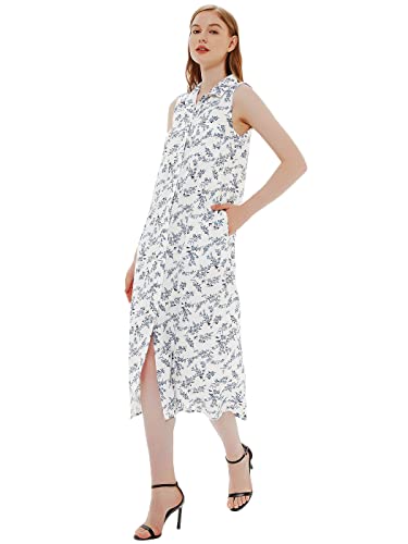 Anna-Kaci Women's Casual A-Line Sleeveless Vintage Shirt Dress with Pocket, White Floral, Medium