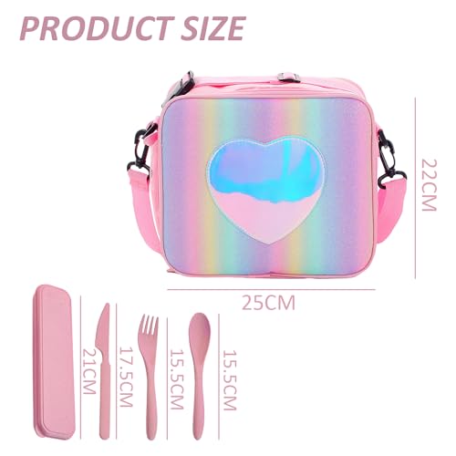 MEMOFYND 1 Pink Lunch Bag, with 1 Set of Pink Plastic Cutlery, with Insulated Lunch Compartment, Cutlery Bag, Waterproof - Image 2