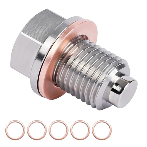 Magnetic Oil Drain Plug, Car Oil Drain Plug Stainless Steel Oil Plug Replacement Leak-proof Aluminum Oil Sump Drains Nut Bolts with Copper Crush Washer 5 pad for Most Cars Motorcycle (M14x1.5)