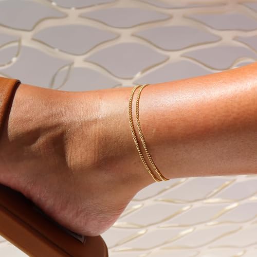 Image of DEARMAY Dainty 14K Gold Plated Ankle Bracelets for Women, Waterproof 14K Gold Plated Link Chain Anklets Non Tarnish Set Pack Summer Beach Jewelry Gift
