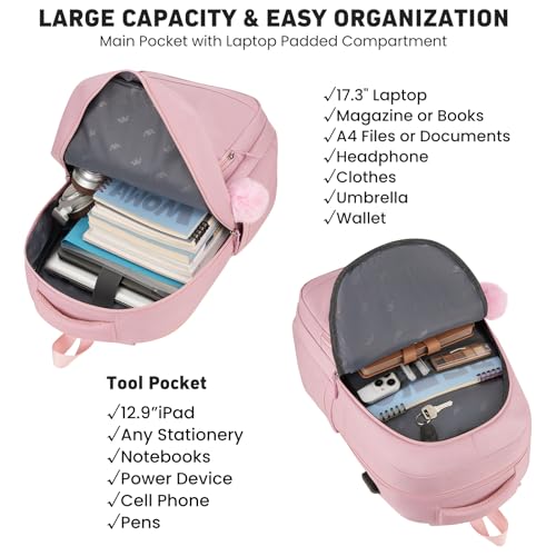 Image of YAMTION School Backpack for Teen Girls,Cute Kid Bookbag for Back to School Student Fit 17.3 Inch Laptop College Travel,Pink