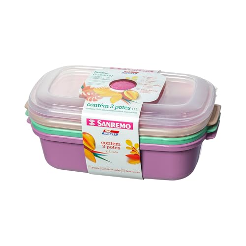 Sanremo - Conjunto com 3 Potes Plásticos Herméticos, Cores Mistas, Linha Vac Freezer