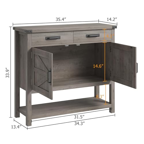 GarveeHome Farmhouse Entryway Table with 2-Door & 2 Drawers, Wood Console Table with Storage, Coffee Bar Cabinet, Sofa Tables Buffet Sideboard for Kitchen, Hallway, Dining, Living Room-Grey