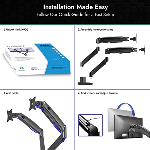 Invision Braccio Doppio Monitor Portata Lunga Scrivania Supporto per 22-32 Schermi, VESA 75/100mm Regolabile in Altezza Inclinazione Girevole e Rotazione, con Morsetto Peso da 3-12kg (MX900)