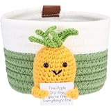 Sea Team Small Cotton Rope Basket with Handmade Positive Pineapple Crochet Doll and Emotional Support Card, Pen Holder, Desk Organizer, Stationery Container, 5.5 x 4 Inches