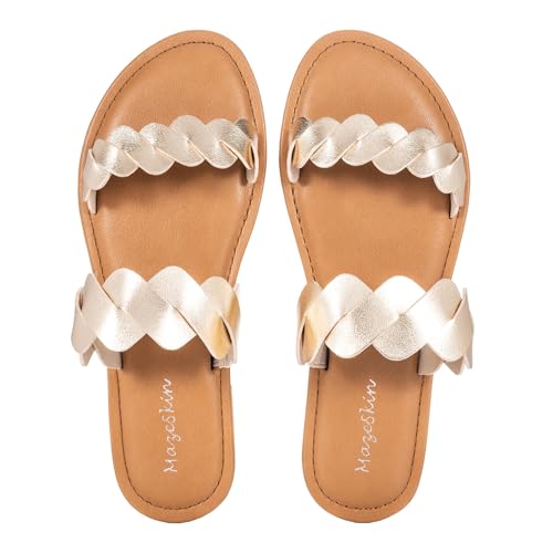 Image of mazeskin Women's Memory Foam Two Braid Band Comfortable Summer Straps Flat Slide Sandals