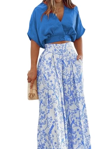 Pantalon palazzo large et crop top bleu L pour vos vacances d'été