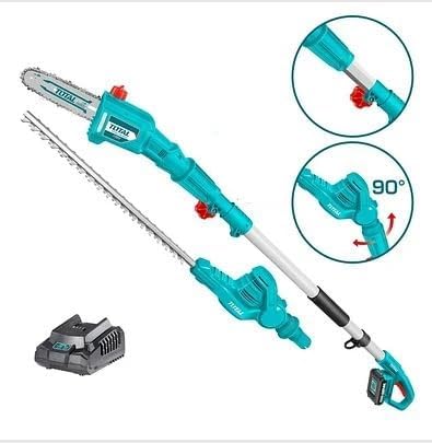 Close-up of Generic TPTS201681 pole saw and hedge trimmer attachments with adjustable head and battery