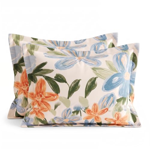 Image of VAS COLLECTIONS Premium 240 TC Cotton Double Bedsheet Set with 2 Pillow Covers | Breathable Floral Print Bedding | Fade Resistant | 228 x 254 cm, Terracotta & Periwinkle Floral, Double Flat (90x100)
