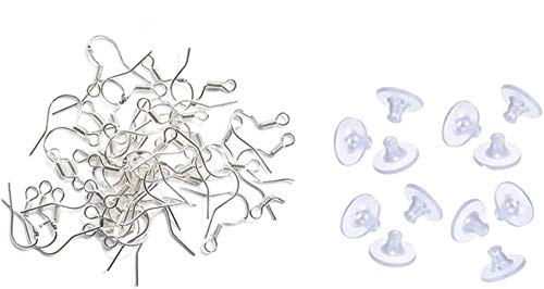 Summerdaisy 30 Pairs 925 Sterling Silver Fish Hook Earrings and 50 PCS Earring Backs White Clear Rubber Earring Stopper Plastic RubberFrench Wire Earring Hooks Jewelry Earring Parts