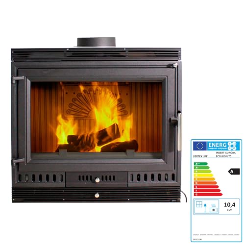 EIDER BIOMASA - Poêle à Bois insérable Aurora Eco Iron 70 ventilé - 13,43 KW - Efficacité 78% - Superf Chauffage 225m3 66 x 43 x 70 cm - Fonte