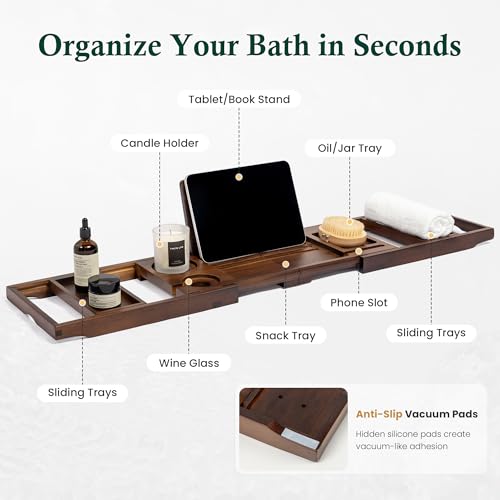 Teak-Bathtub-Tray-Caddy-Adjustable-Wood-Bath-Organizer-Rich-Brown-Wood-Finish-Built-In-Wine-Glass-Holder-Phone-Dock-Book-Stand-Water-Resistant-Seal-Spa-Design