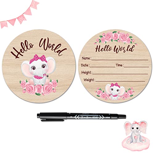 Image of R HORSE Baby Birth Announcement Sign with Maker Pen Hello World Newborn Sign Double-Sided Pink Elephant Baby Name Announcement Sign Personalized Wooden Birth Sign for Girls Baby Shower Keepsake Gifts