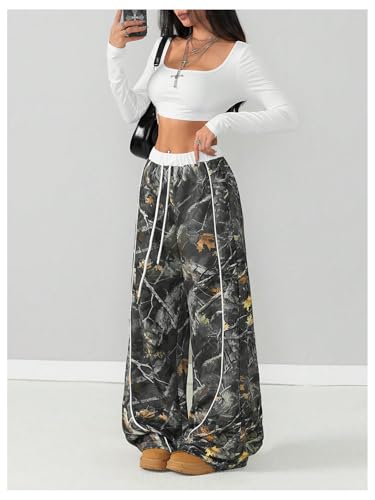Women's Graphic Y2K Camo Print Wide Leg Pants Drawstring Waist Long Trousers Streetwear4