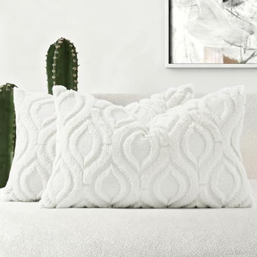 decorUhome Throw Pillow Covers 12x20 Inch Set of 2, Soft Plush Decorative Faux Fur Cream White Solid Couch Pillow Covers, Accent Farmhouse Neutral Lumbar Euro Pillow Cases for Sofa Bed Living Room