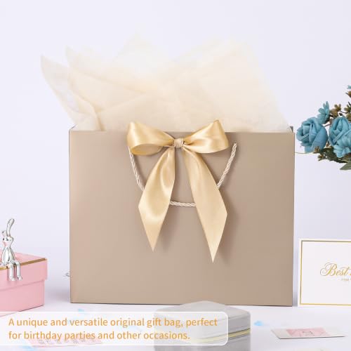 Image of Powbrace 13 inch Medium Beige Gift Bag Set with Handle - 2 Bags Featuring Bows, 4 Tissues, and 2 Greeting Cards for Wedding, Baby Shower, Father's Day, Mother's Day, Birthday Party