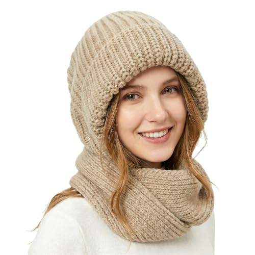 AYPOW Bonnet Femme Hiver Tricoté 2 en 1 avec Écharpe à Capuche, Épais Slouchy Chaud Coupe-Vent Balaclava Chapeaux d'hiver pour Femmes Écharpe Pull-Over Douce...