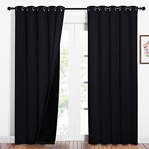 Image of NICETOWN High-End Thermal Curtains, Full Blackout Curtains 84 inches Long for Dining Room, Soundproof Window Treatment Drapes for Hall Room, Black, 62 inches Wide Per Panel, Set of 2 Panels