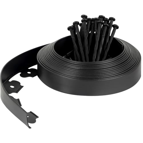 Velway Borde de Jardín de Plástico Flexible Longitud 10 m, Altura 5 cm, con 40 Clavijas, Delimitador para Césped, Parterres y Caminos, Fácil de Instalar para Exterior, Negro
