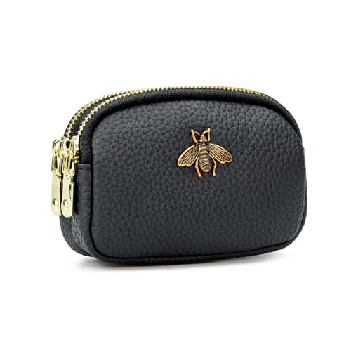 QIUTIMIY Kleine Damen-Geldbörse aus Leder für Bargeld, Mini-Geldbörse, doppelte Reißverschlusstasche mit Schlüsselanhänger (schwarz)