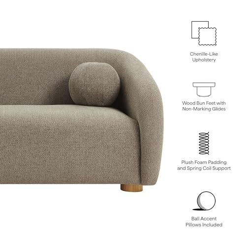 Image of Modway Holland 85 Inch Minimalist Curved Back Sofa in Taupe - Chenille Fabric Sofa with Ball Throw Pillows and Wood Feet - Modern 3-Seater Couch for Living Room