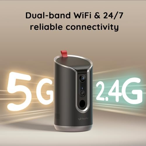 2K Pet Camera Treat Dispenser — shown in a real home setting for scale