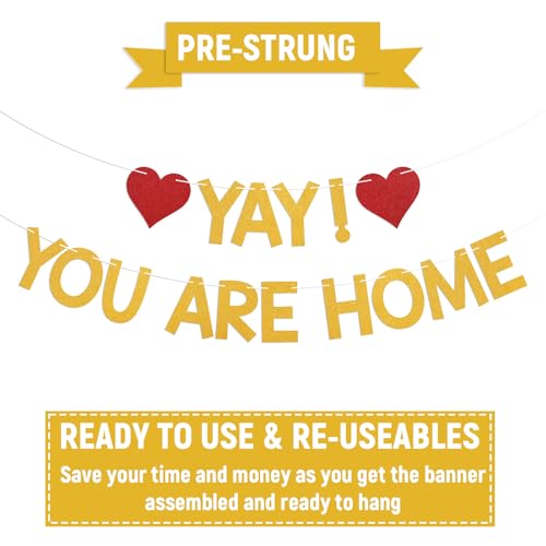 Image of Yay! You're Home! Banner - Welcome Back to Home Sign, Family Reunion Party Bunting Sign, Welcome Home Party Decorations Gold Glitter